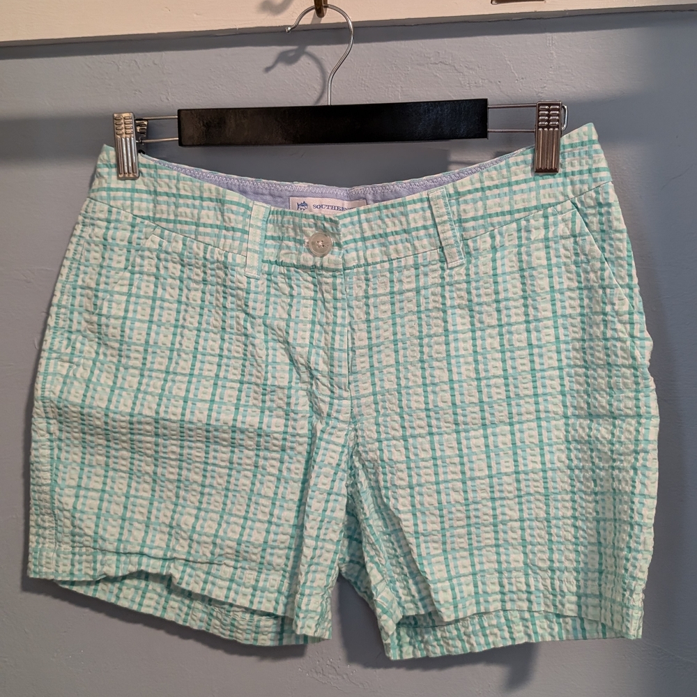 Southern Tide Madras Blue + Aqua Seersucker Shorts